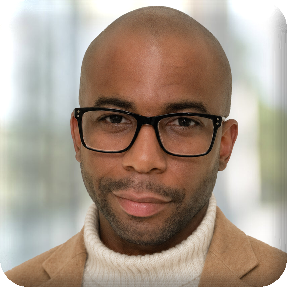 Head shot of T. Aaron Cisco wearing dark-rimmed glasses, a white turtleneck sweater, and a tan coat.